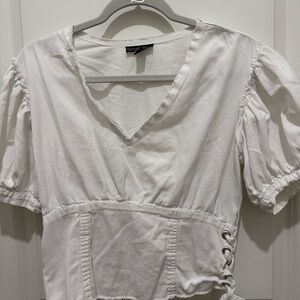 Thread & Supply Cream V-Neck Blouse with Lace-Up Detail